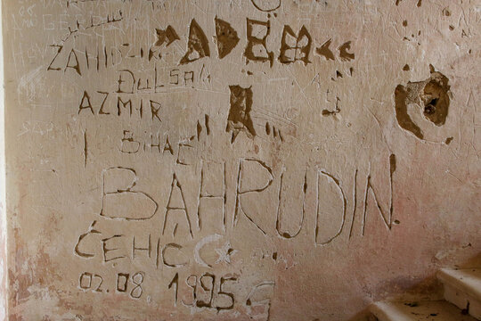graffiti on the national monument Old Town, fortress Ostrožac