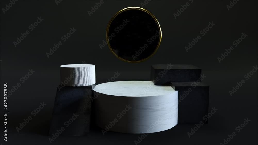 Poster empty marble platforms with realistic 3d render design and abstract metal circle emerging from above