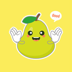 cute and happy cartoon style green pear characters for healthy food, vegan and cooking design. kawaii pear fruit with funny expression
