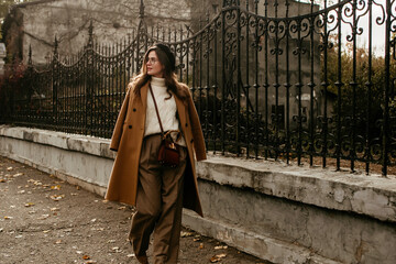 beautiful young woman in beret and coat walks in the autumn city