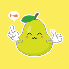 cute and happy cartoon style green pear characters for healthy food, vegan and cooking design. kawaii pear fruit with funny expression