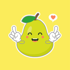cute and happy cartoon style green pear characters for healthy food, vegan and cooking design. kawaii pear fruit with funny expression