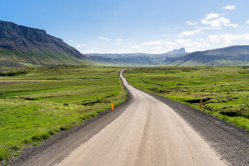 Winding unpaved road running through a grassy valley in Iceland on a clear summer day