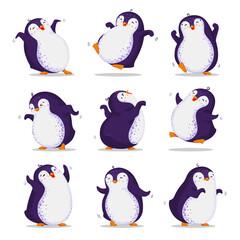 Set of cute dancing penguins in different poses. Vector illustration in cartoon style. All elements are isolated.