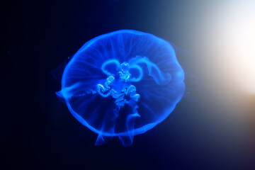 Blue glowing Jellyfish or medusa floating in dark water, close up.