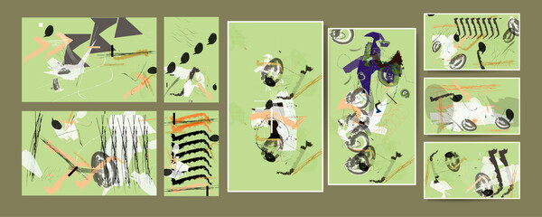 Art paintind dijital vector pastel muted pale calm tones card templates set. Collection of romantic invitations with gold abstraction background line color