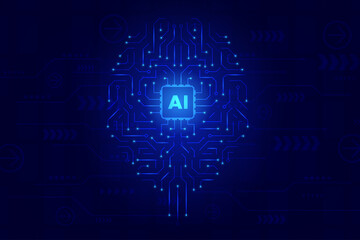 Vector circuit board human brain. Concept of artificial intellingence. Technology abstract blue background.