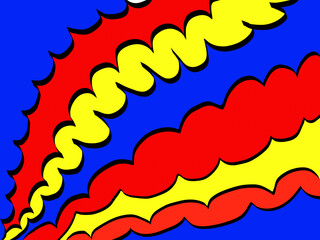 Primary colors are blue, red and yellow. Handmade draw with black lines. Background.