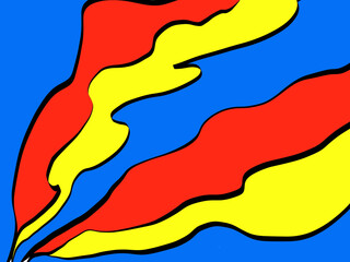 Primary colors are blue, red and yellow. Handmade draw with black lines. Background.