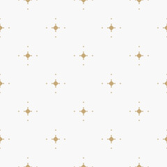 Golden vector minimalist seamless pattern with small diamond shapes, stars, rhombuses, dots. Abstract gold and white geometric texture. Simple minimal repeat background. Luxury repeated design 