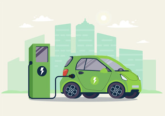 Battery EV vehicle plugged and getting electricity from renewable power generations. Vehicle being charged. Electric car on charging station against the background of the city.Vector illustration,flat