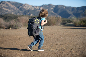 Little boy kid with backpack hiking in scenic mountains. Child local tourist goes on a local hike.