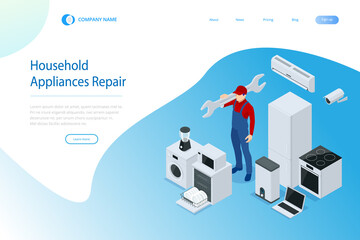 Isometric household appliances repair concept. Repair support service