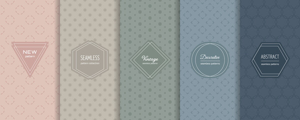Vector minimalist seamless patterns collection. Set of abstract geometric textures in trendy pastel colors, powdery, green, blue. Elegant modern minimal labels. Design template for decor, banner, ads