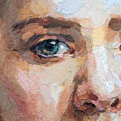A fragment of a painting depicting a young girl. Blue-eyed girl with a pigtail. Oil painting on canvas.