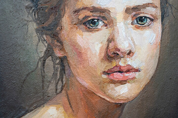 A fragment of a painting depicting a young girl. Blue-eyed girl with a pigtail. Oil painting on canvas.