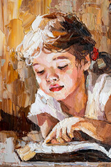 A fragment of a picture in which a child reads a book in the warm sun. Little girl with.blond hair on a brown background. Oil painting on canvas.