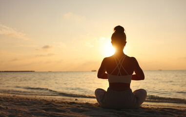 Calm woman meditating on beach at sunset - obrazy, fototapety, plakaty