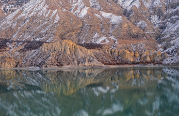 Erzurum, Tortum lake, cliff mountains and cloud reflection in water. January 2021