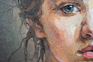 Fototapeta A fragment of a painting depicting a young girl. Blue-eyed girl with a pigtail. Oil painting on canvas. obraz