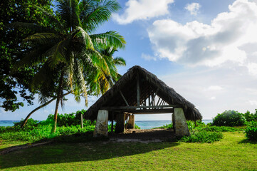 Fototapeta na wymiar Boat house in the tropical Island of La Digue