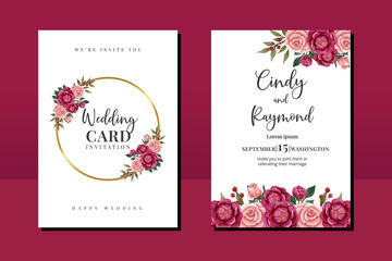 Wedding invitation frame set, floral watercolor hand drawn Rose and Peony Flower design Invitation Card Template