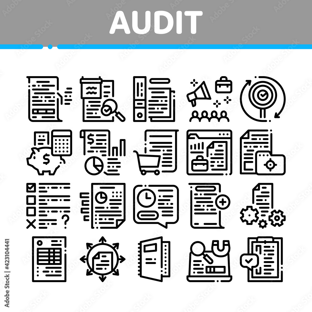 Poster audit finance report collection icons set vector