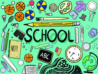 Concept of education. School background with hand drawn school supplies and comic speech bubble with Back to School lettering in pop art style 