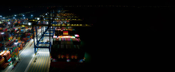 Loading and unloading of containers crane truck and special truck. Container ship, Business logistic import-export transport international and transportation of containers in port , Aerial at night © AU USAnakul