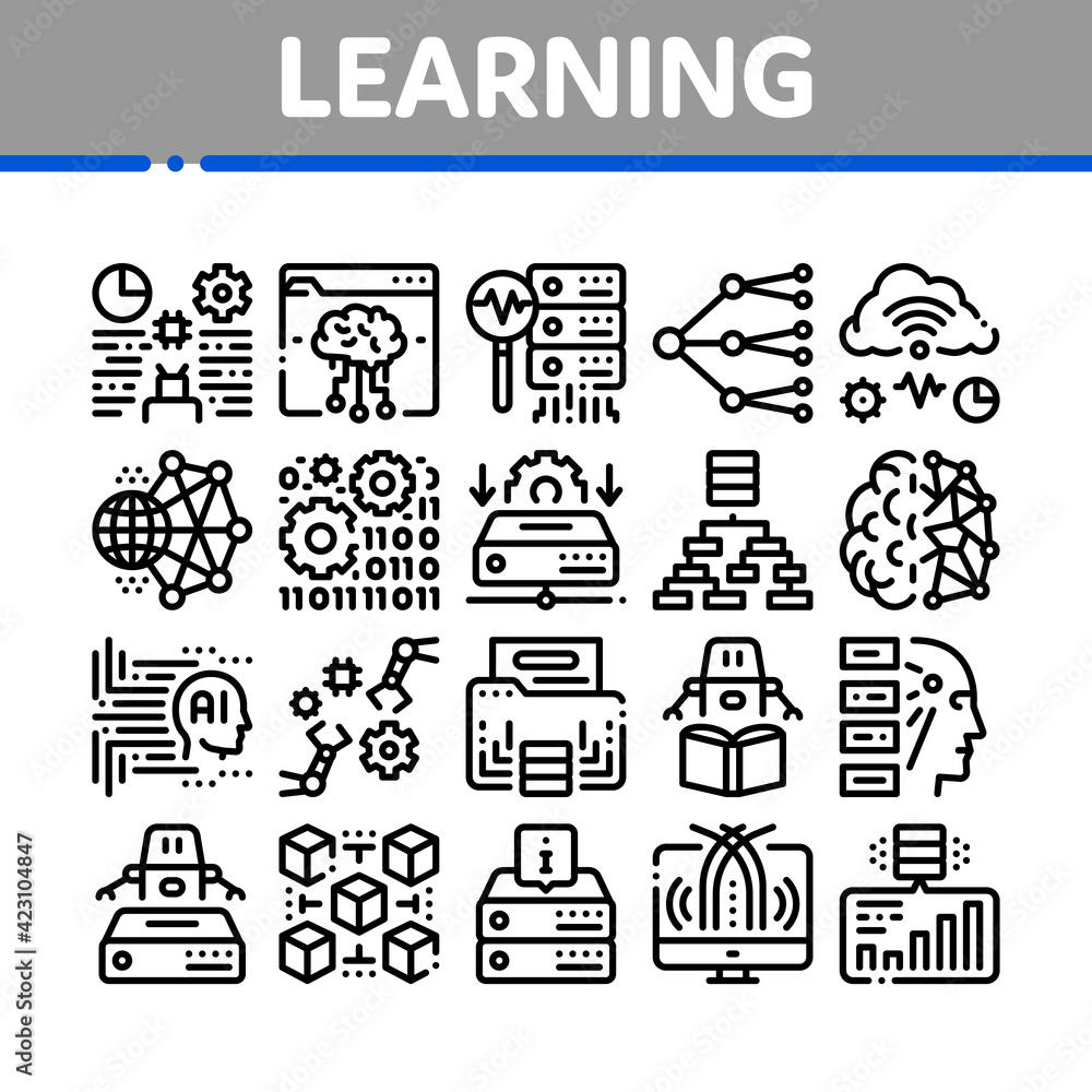 Poster machine learning ai collection icons set vector