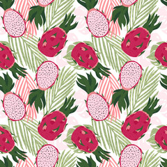 Seamless pattern dragon fruit on white background. Colorful exotic fruit and leaves of palm for design fabric.