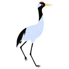 Crane bird standing isolated on white background. Beautiful bird gray color from asian culture design element in flat style.