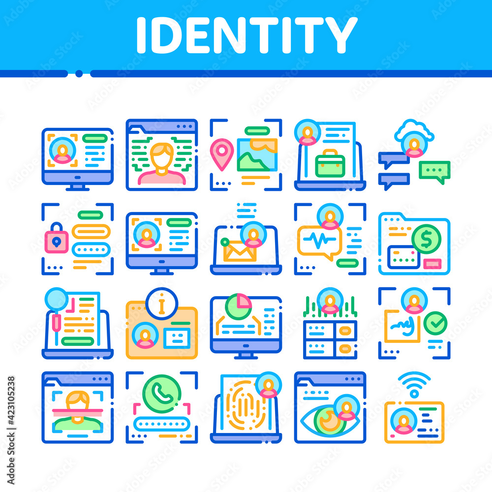 Poster digital identity user collection icons set vector