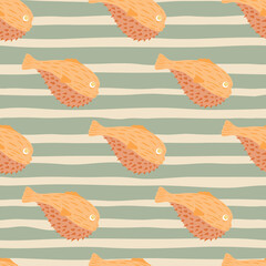 Nature seamless pattern with wild eotic orange fugu fish silhouettes print. Grey striped background.