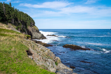 Fototapeta na wymiar A rugged coastline with green grass, tall evergreen trees and rocky cliffs overlooking deep blue ocean water with waves crashing along the eroding edge of the coast. The sky is blue with white clouds.