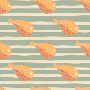 Nature seamless pattern with wild eotic orange fugu fish silhouettes print. Grey striped background.