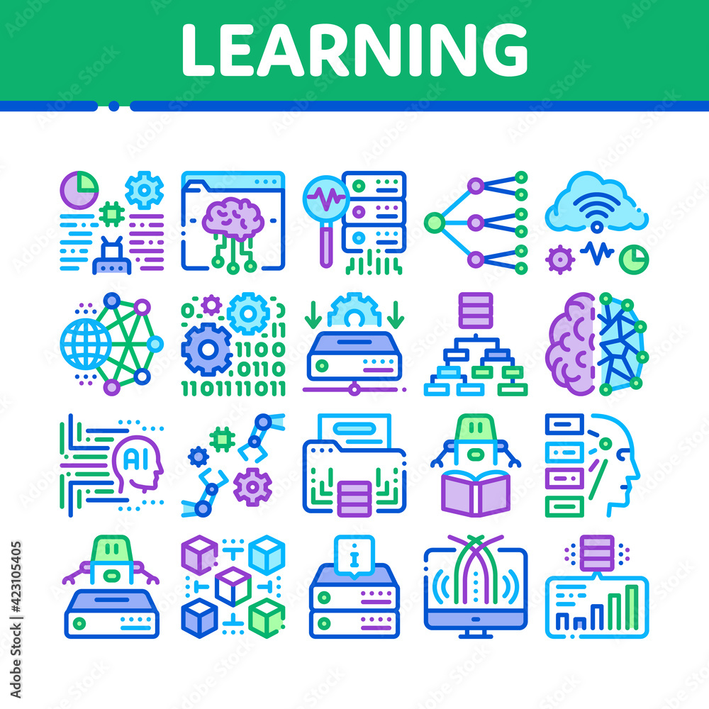 Poster machine learning ai collection icons set vector