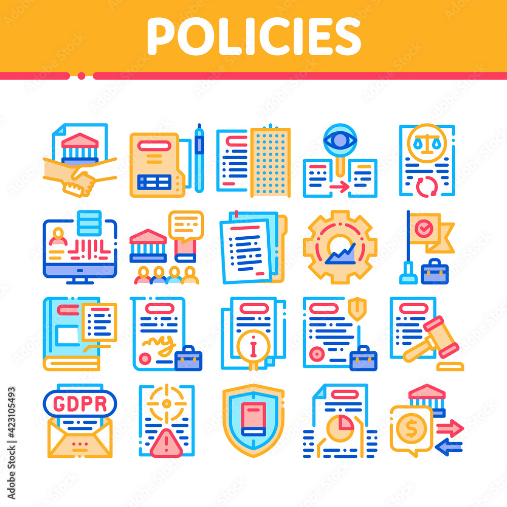 Poster policies data process collection icons set vector
