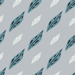 Hand drawn abstract seamless pattern with leaves elements. Blue background. Doodle nature floral artwork.