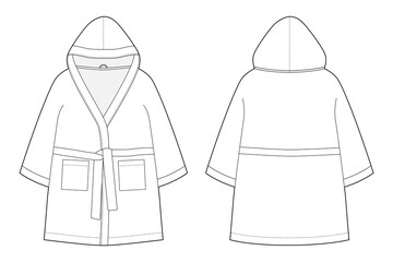 Children's bathrobe technical sketch isolated on white background. Hooded bathrobe.