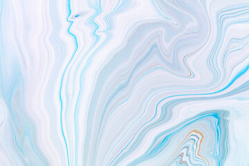 Fluid art texture. Background with abstract iridescent paint effect. Liquid acrylic picture with beautiful mixed paints. Can be used for interior poster. Blue, azure and orange overflowing colors.