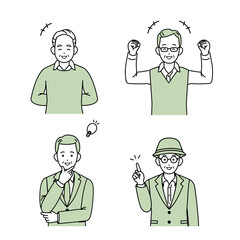 年配の男性　シニア　高齢者　人々　笑顔　元気　ポーズ　仕草　セット　イラスト素材