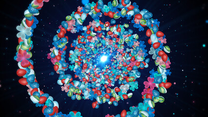 Sweet Spiral Holiday Textured And Patterned Easter Eggs And Three Leaf Clovers With Shiny Glitter Sparkle Dust On Blue Light Beam Background 3D Illustration