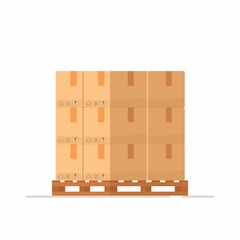 Boxes on a wooded pallet. Vector illustration, flat style stock cardboard boxes. Parcels stack front view.