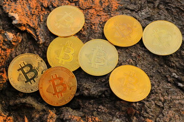 富を生み出す光り輝く黄金のビットコインの仮想通貨
