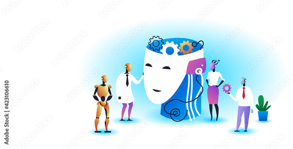 Aufkleber robots team holding gears near human head with brain cogwheels brainstorming process artificial inte