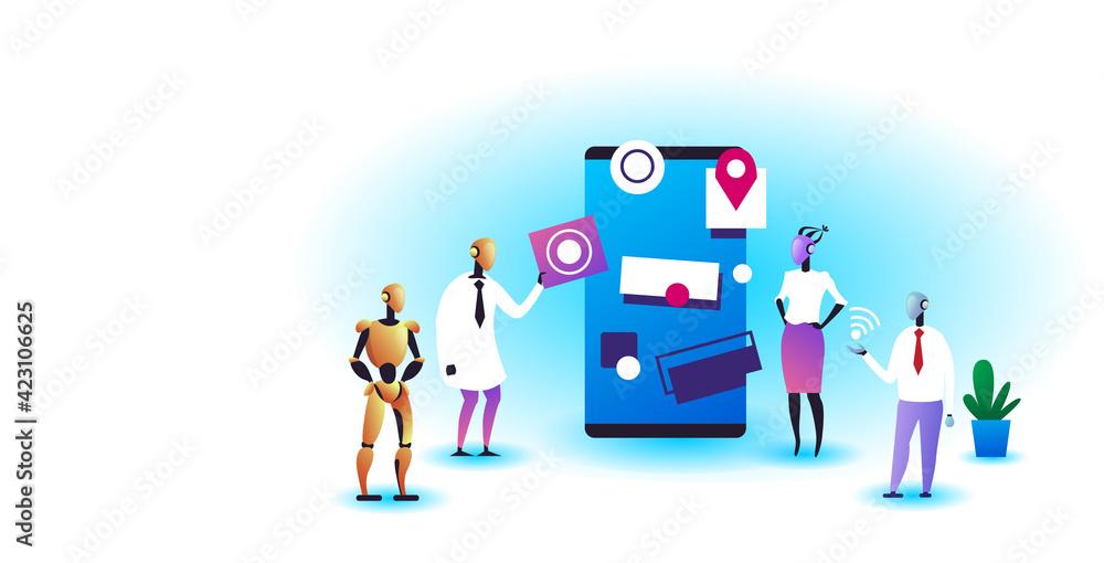 Poster robots team working in software develop user interface development artificial intelligence technolog