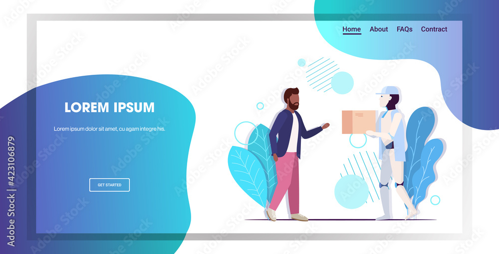 Poster modern robot delivering cardboard parcel box to man recipient artificial intelligence technology del