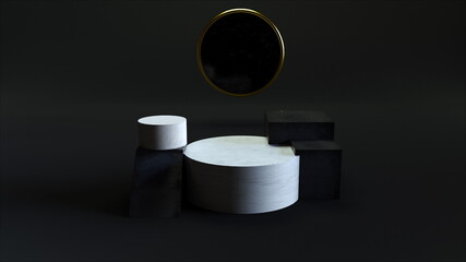Empty marble platforms with realistic 3D render design and abstract metal circle emerging from above. Antique pedestals for awarding winner and creative presentation.