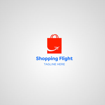 shop and plane logo combination. Sale and travel symbol or icon. Unique bag and flight logotype design template.